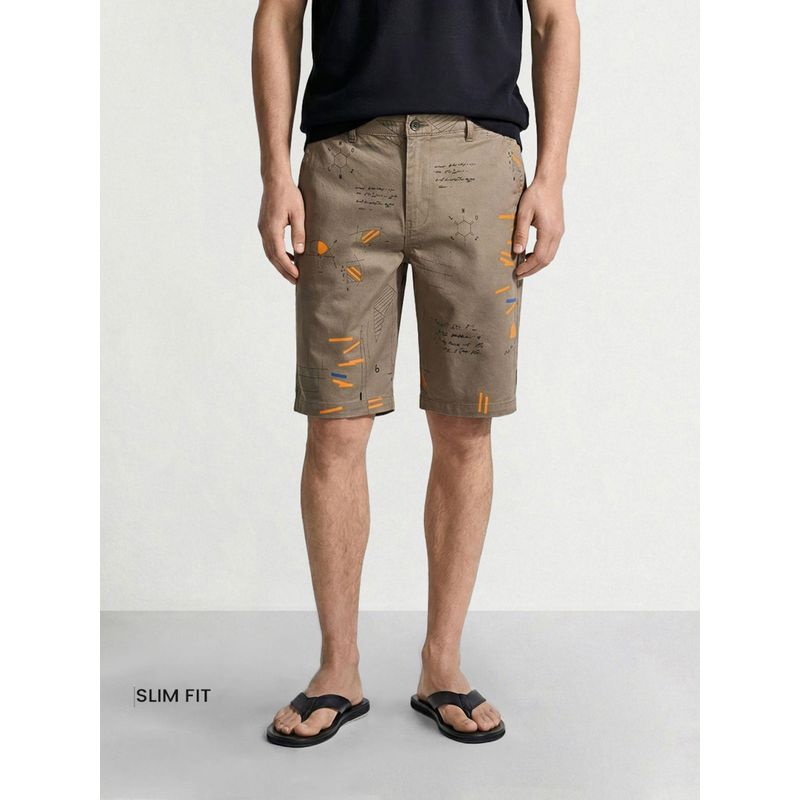 The Indian Garage Co Grey Slim Fit Doodle Printed Mid-Rise Chino Shorts (28)