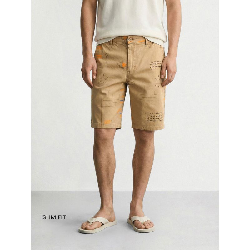 The Indian Garage Co Beige Slim Fit Doodle Printed Mid-Rise Chino Shorts (28)