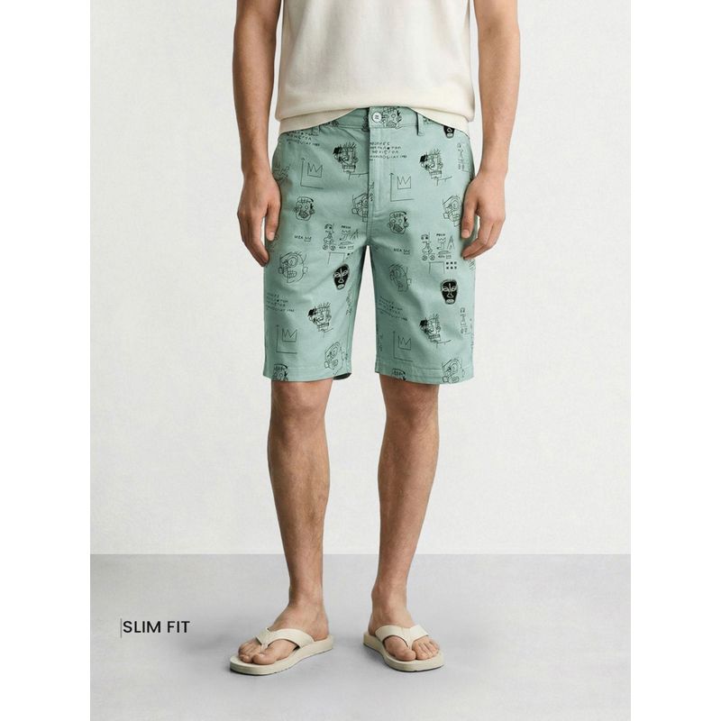 The Indian Garage Co Green Slim Fit Doodle Printed Mid-Rise Chino Shorts (28)