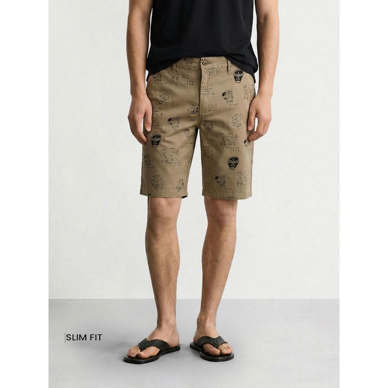 The Indian Garage Co Brown Slim Fit Doodle Printed Mid-Rise Chino Shorts (28)