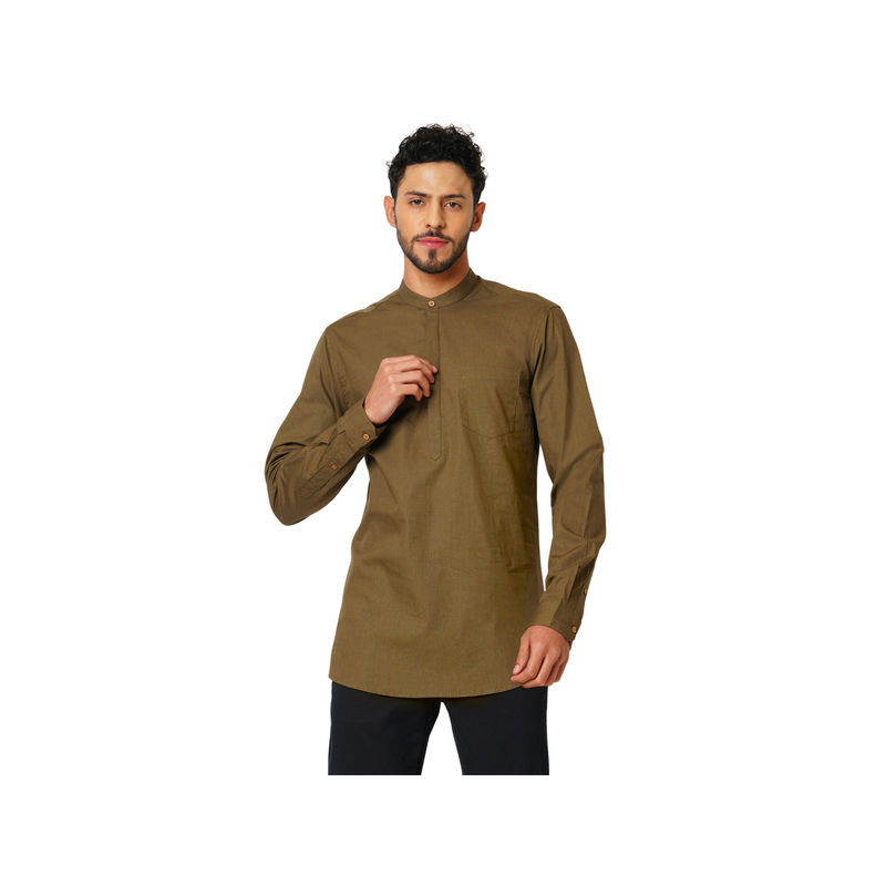 Indivisual Mens Khaki Premium Cotton Solid Kurta (S)