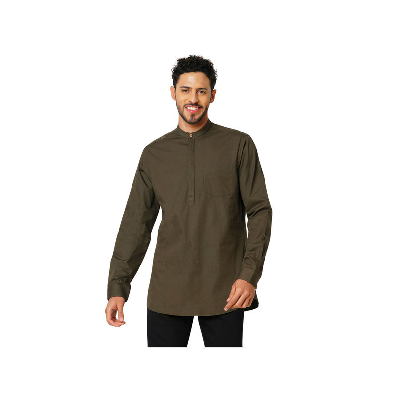 Indivisual Mens Olive Premium Cotton Solid Kurta (S)