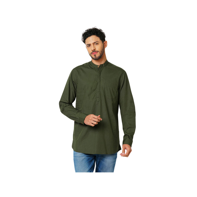 Indivisual Mens Bottle Green Premium Cotton Solid Kurta (S)