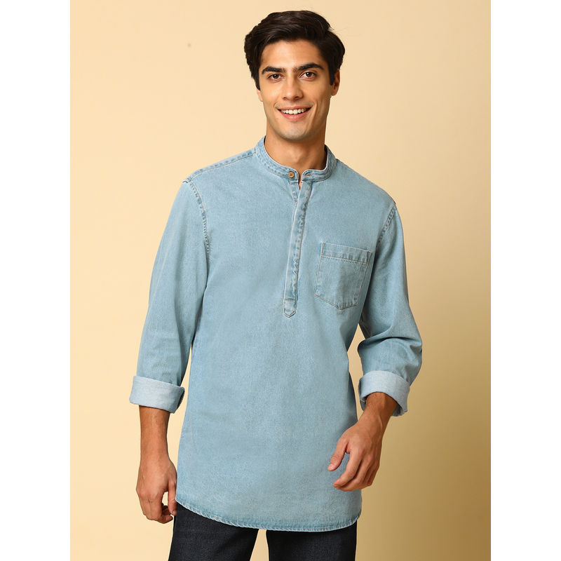 Indivisual Mens Blue Cotton Band Collar Denim Kurta (S)