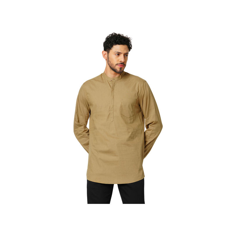 Indivisual Mens Beige Premium Cotton Solid Kurta (S)