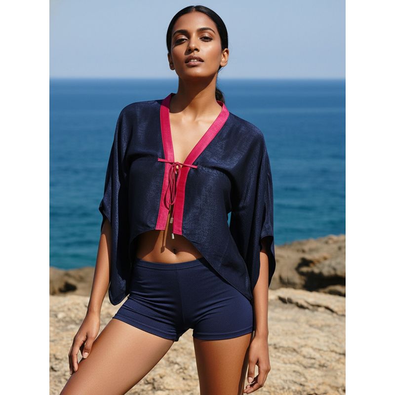 AOBA Women Navy Blue Solid Satin Robe (M)