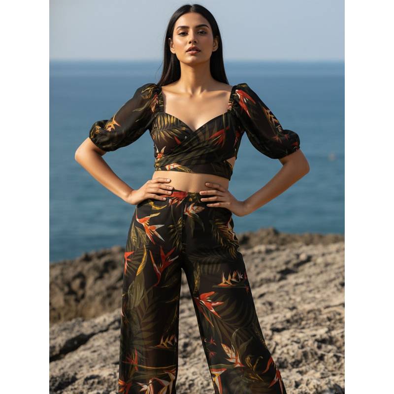 AOBA Women Black & Green Printed Cover-Up Swimwear Set (S)