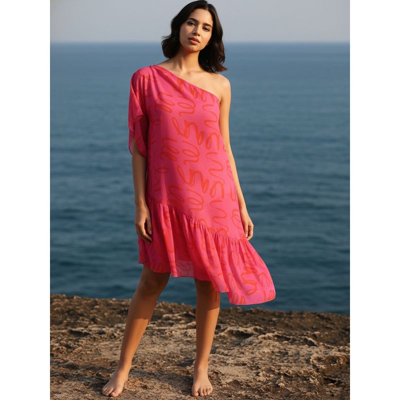 AOBA Women Pink Abstract Printed Relaxed Fit Semi Sheer Swimwear Cover Up Dress (S)