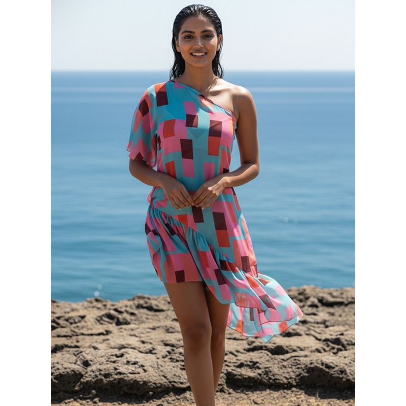 AOBA Women Blue Geometric Printed Relaxed Fit One Shoulder Swimwear Cover Up Dress (S)