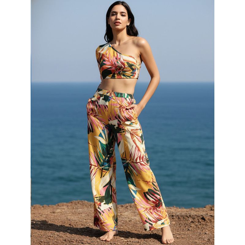 AOBA Women Yellow Printed Top & Pant Swimwear Cover Up (Set of 2) (XL)