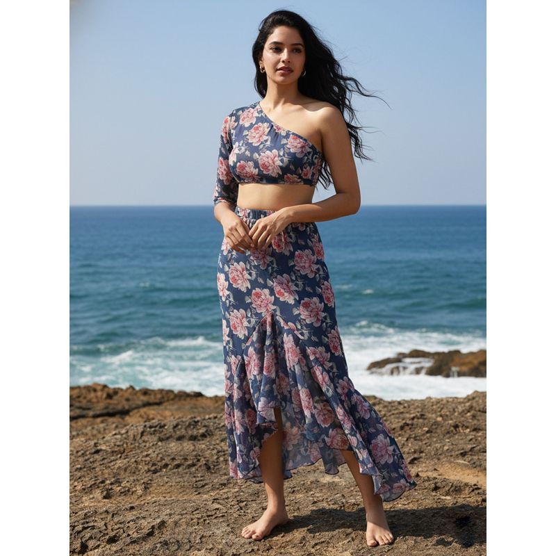 AOBA Women Navy Blue Floral Printed Top & Skirt Swimwear Cover Up (Set of 2) (S)