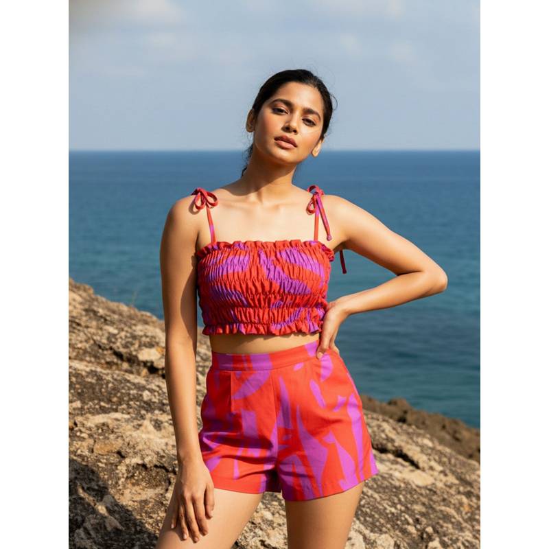AOBA Women Red Printed Beachwear Co-Ord (Set of 2) (S)