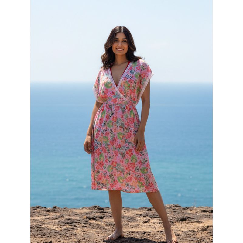 AOBA Pink Floral Summer Beachwear Dress (S)