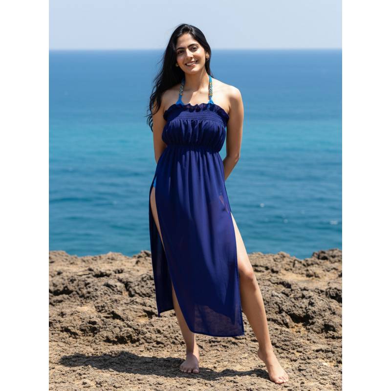 AOBA Womens Blue Solid Beachwear Cover-Up Dress (L)
