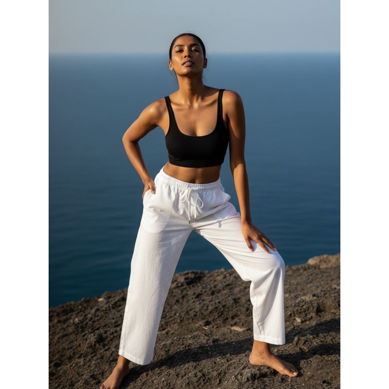 AOBA Women White Solid Linen Beachwear Pant (L)