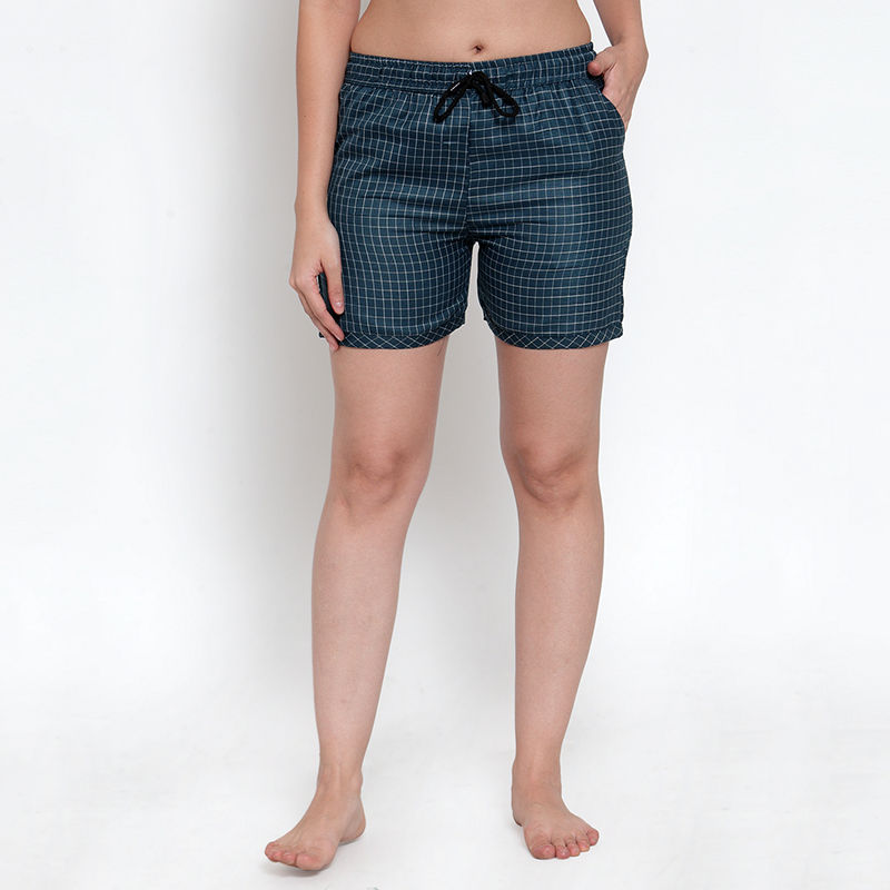 Secret Wish Women's Navy Blue Cotton Checked Shorts (S)
