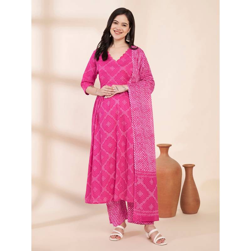 Secret Wish Pink Cotton Maternity Kurta with Trouser & Dupatta (L)