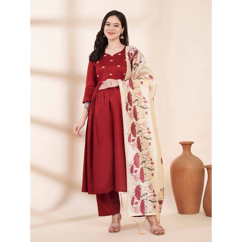 Secret Wish Maroon Glace Cotton Maternity Kurta with Trouser & Silk Dupatta (M)