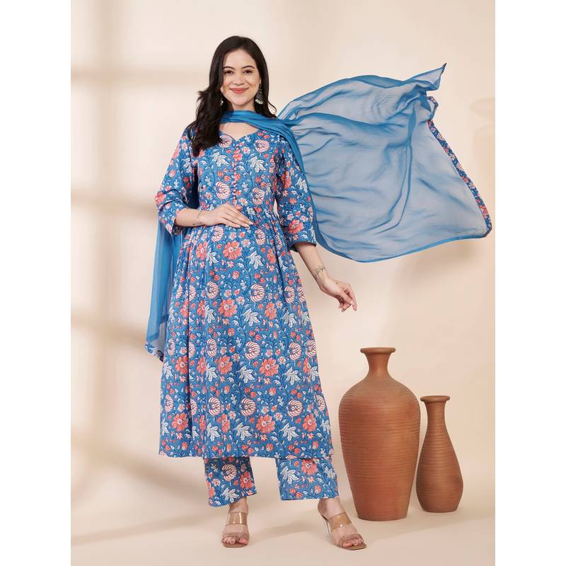 Secret Wish Blue Floral Cotton Maternity Kurta with Trouser & Dupatta (M)