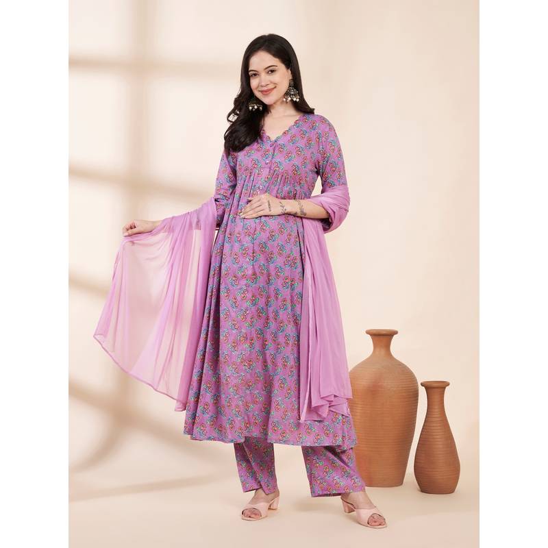 Secret Wish Lavender Floral Cotton Maternity Kurta with Trouser & Dupatta (L)