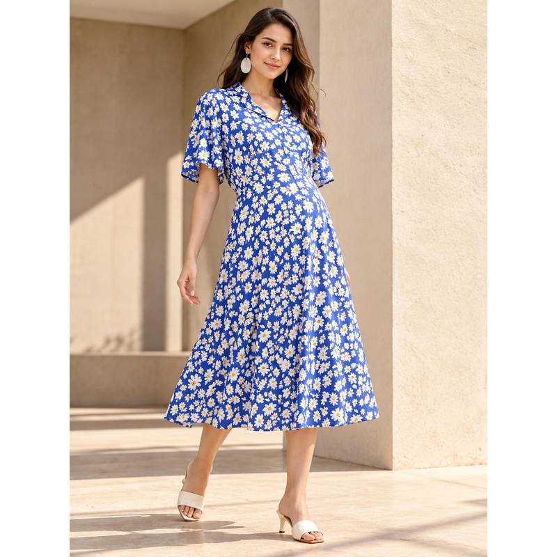 MomToBe Floral Printed Shirt Collar Maternity Midi Dress (L)