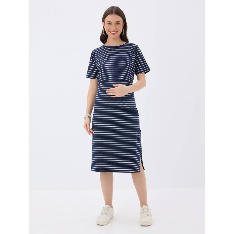 MomToBe Striped Navy Maternity A-Line Midi Dress (M)