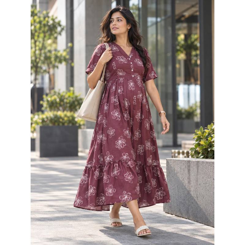 MomToBe Women's Cotton Plum Wine Maternity Dress (M)