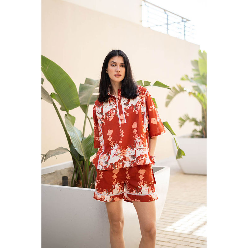 SAY Women Rust Floral Shirt with Shorts (Set of 2) (XS)