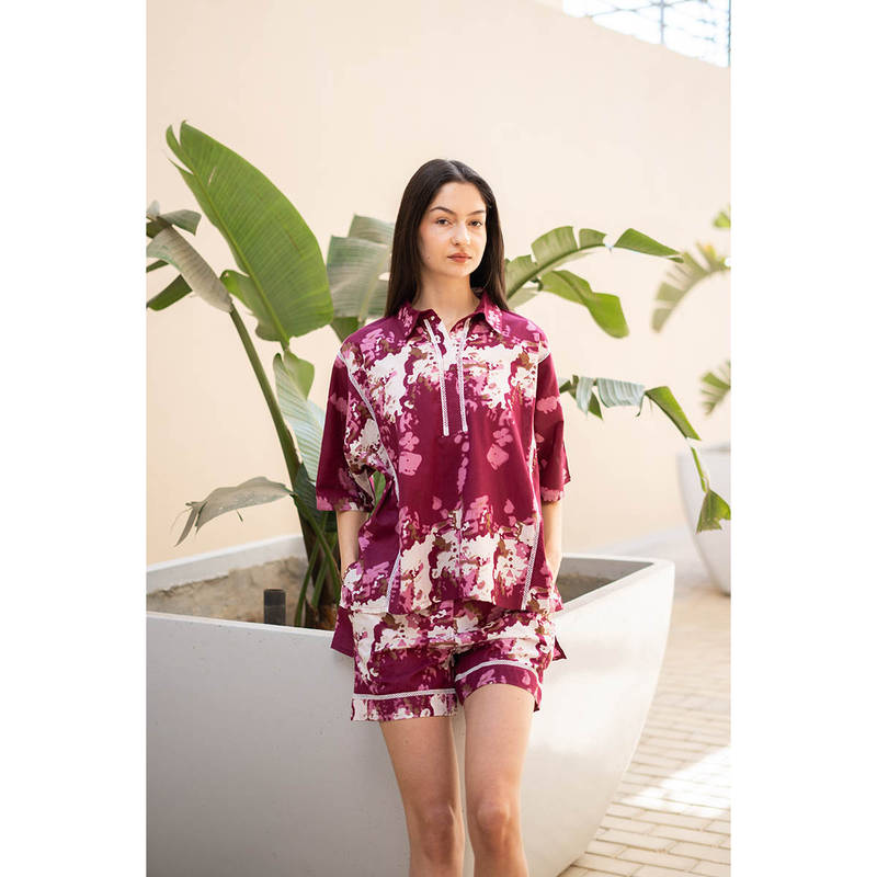 SANSKRUTIHOMES Women Wine Floral Shirt with Shorts (Set of 2) (XS)