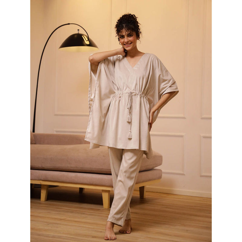 SAY Women Beige Solid Kaftan with Pant (Set of 2) (XL)