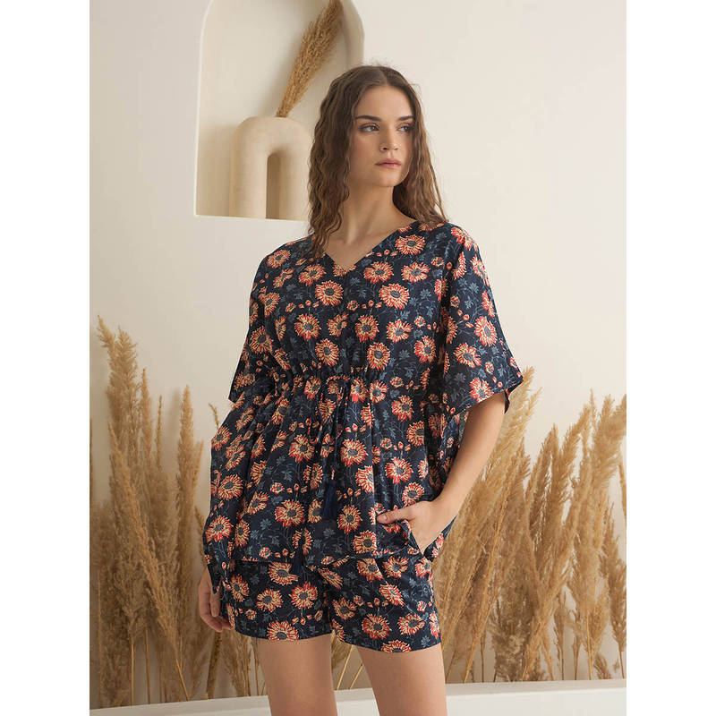 SANSKRUTIHOMES Women Navy Blue Floral Kaftan Top with Shorts (Set of 2) (M)