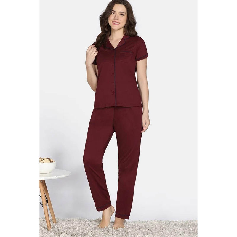 Zivame Women Red Solid Shirt with Pyjama (Set of 2) (XL)