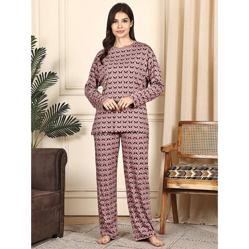 Kanvin Women Mauve Printed Full Sleeves Night Suit (L)