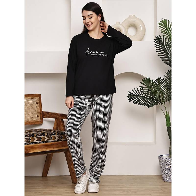 Kanvin Women Black Printed Full Sleeves Night Suit (2XL)