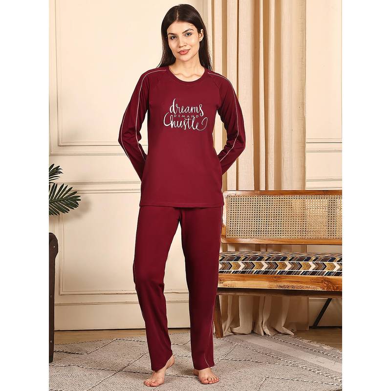 Kanvin Women Maroon Printed Full Sleeves Night Suit (M)