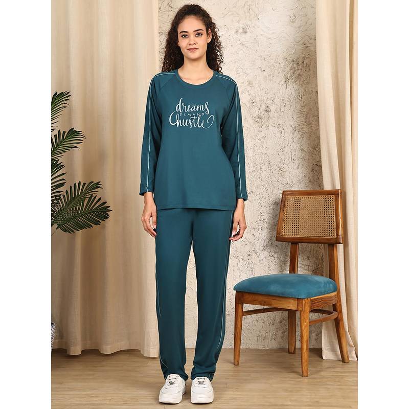 Kanvin Women Teal Printed Full Sleeves Night Suit (M)