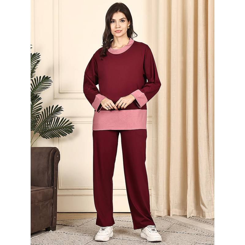 Kanvin Women Red Colorblock Full Sleeves Night Suit (M)
