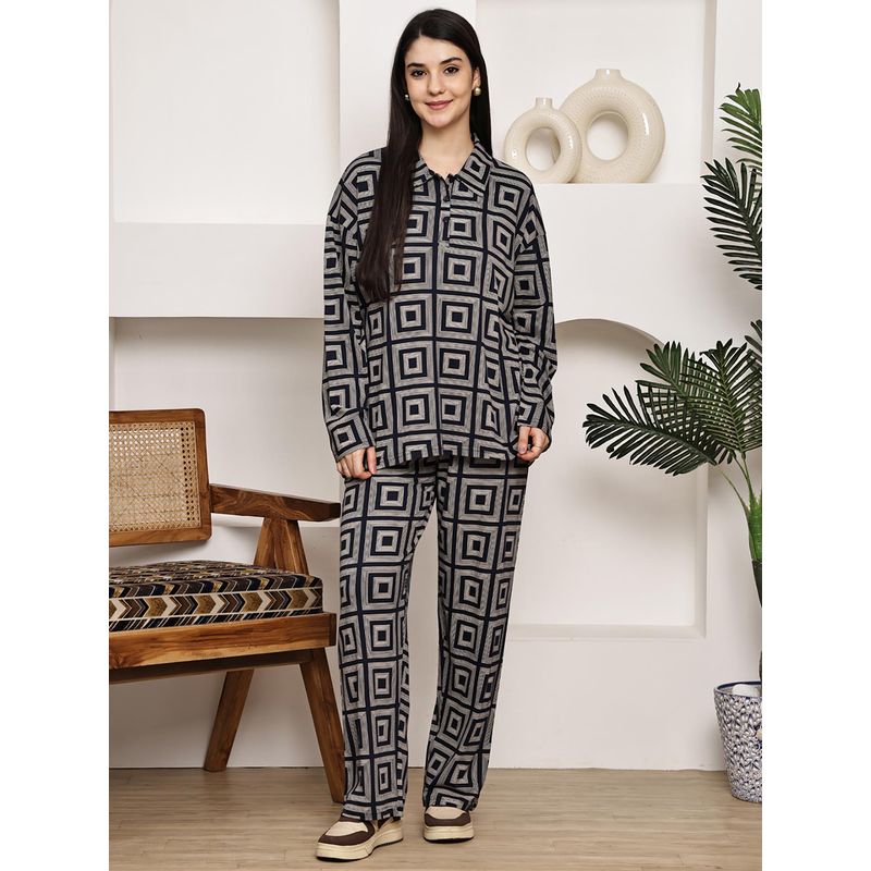 Kanvin Women Navy Blue Geometric Full Sleeves Night Suit (S)