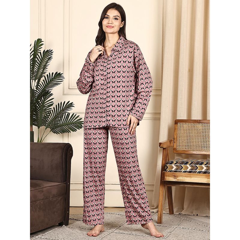 Kanvin Women Pink Geometric Full Sleeves Night Suit (M)