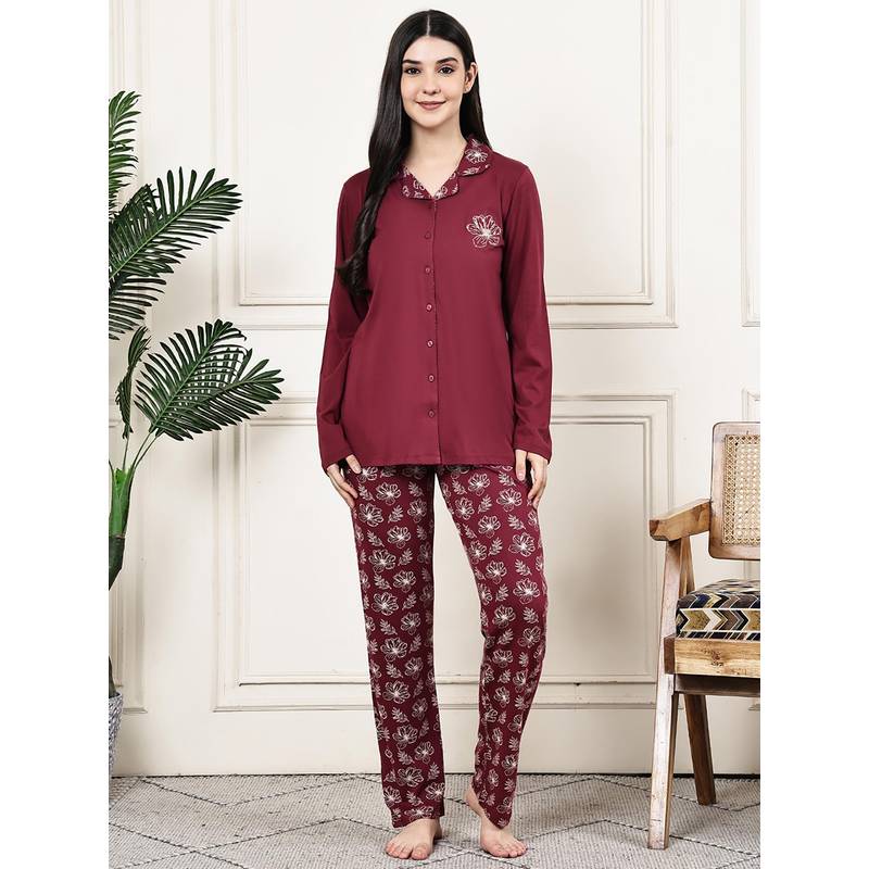 Kanvin Women Red Floral Printed Full Sleeves Night Suit (S)