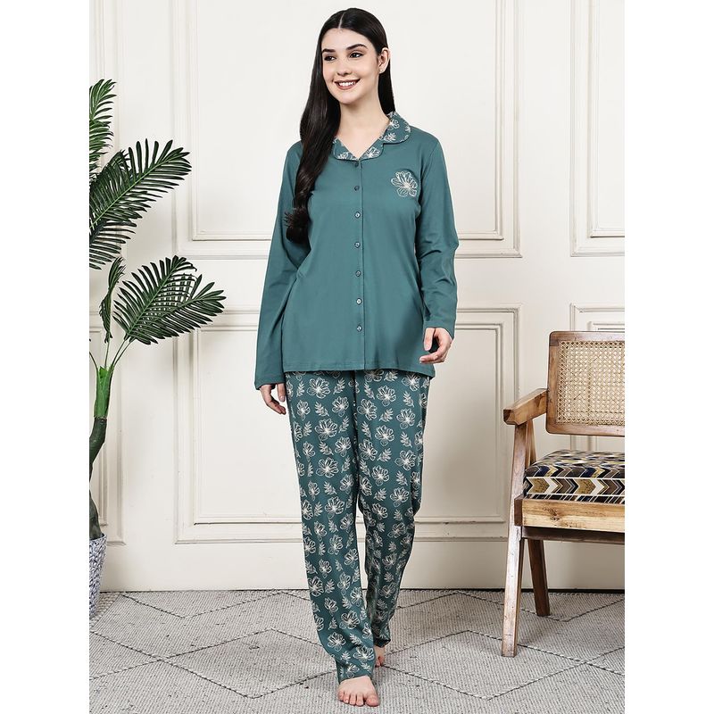 Kanvin Women Green Floral Printed Full Sleeves Night Suit (L)