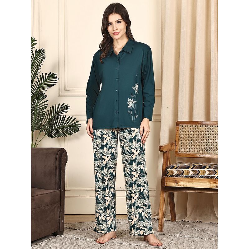 Kanvin Women Teal Floral Printed Full Sleeves Night Suit (S)