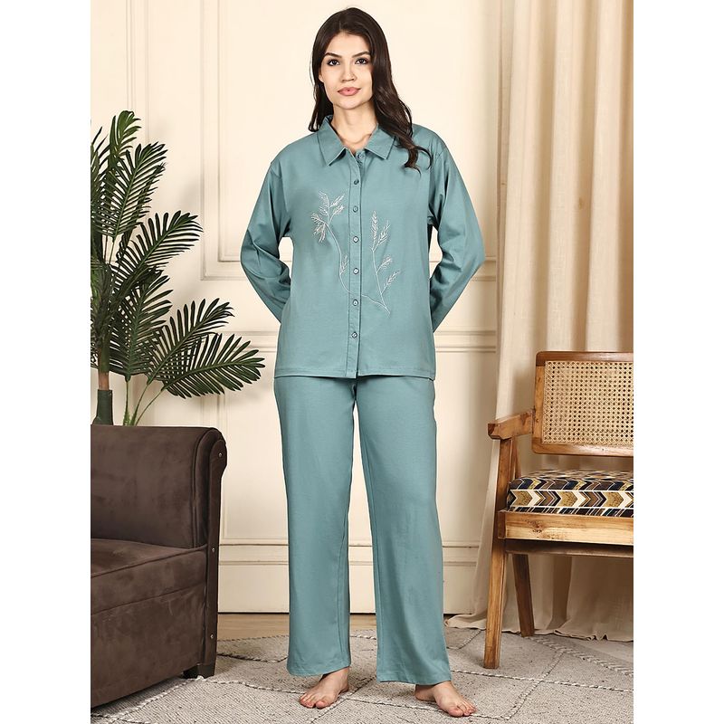 Kanvin Women Green Printed Full Sleeves Night Suit (S)