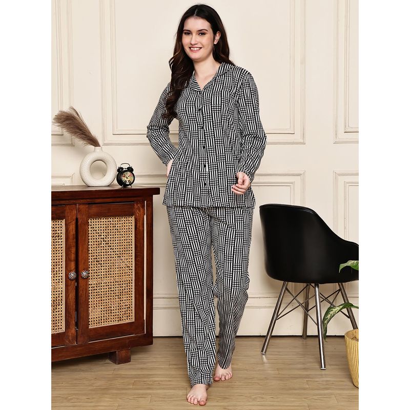 Kanvin Women Black Geometric Full Sleeves Night Suit (S)