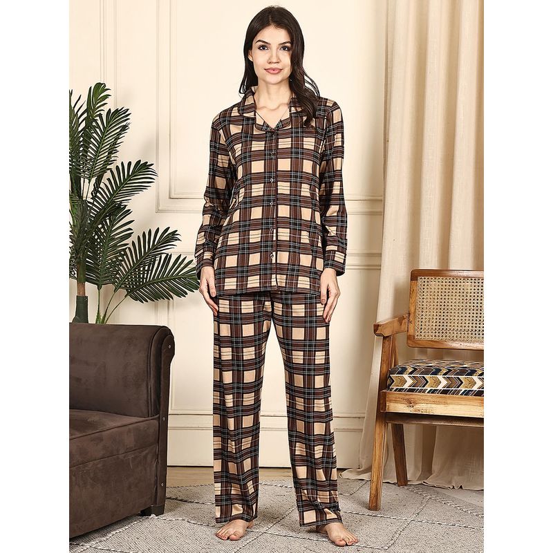 Kanvin Women Brown Checks Full Sleeves Night Suit (S)