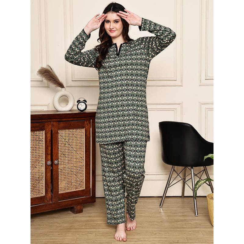 Kanvin Women Green Geometric Full Sleeves Night Suit (M)