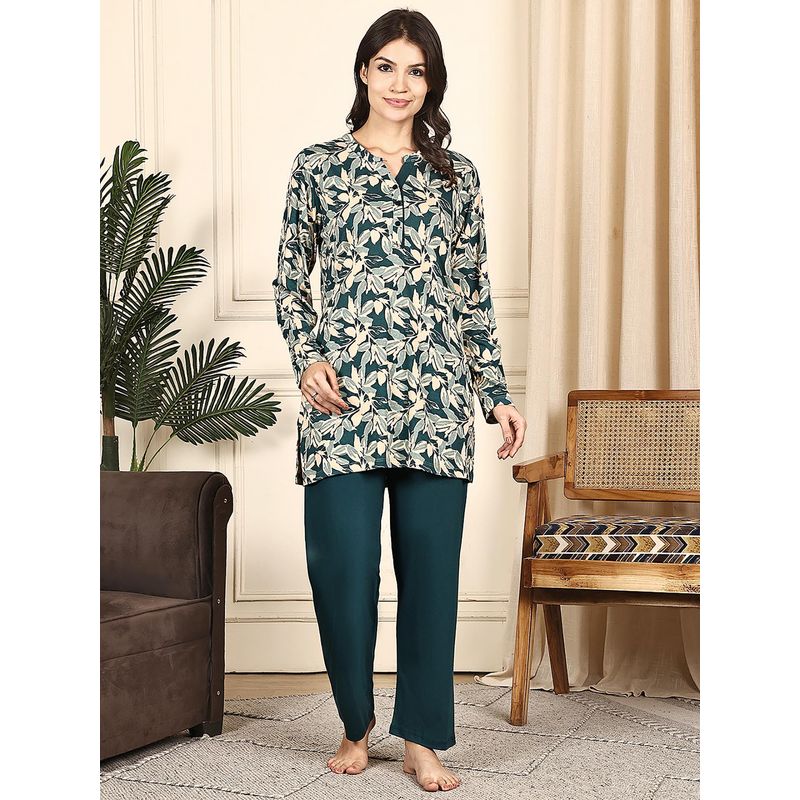 Kanvin Women Green Floral Printed Full Sleeves Night Suit (M)