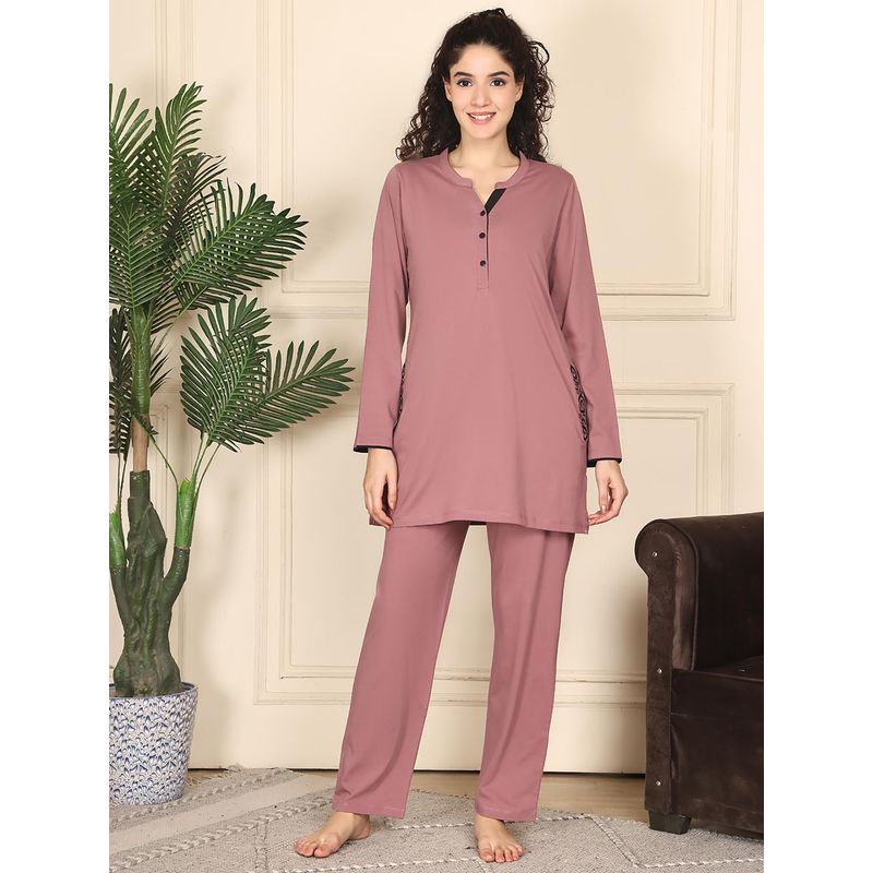 Kanvin Women Pink Solid Full Sleeves Night Suit (M)