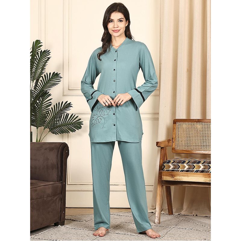 Kanvin Women Green Embroidered Full Sleeves Night Suit (4XL)