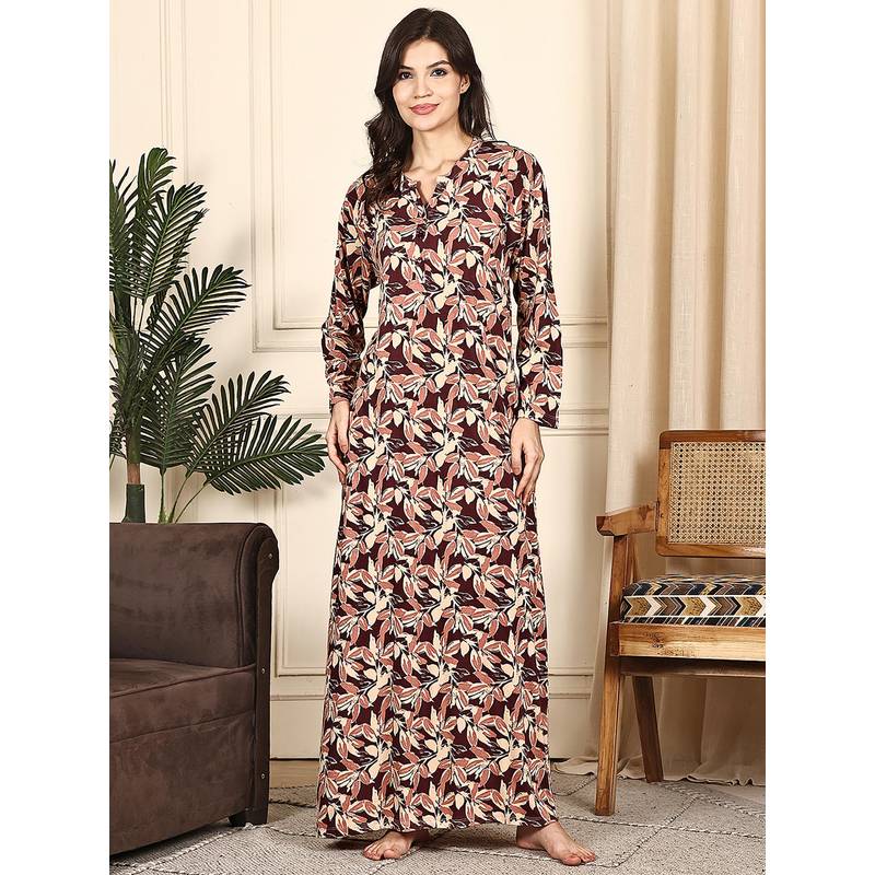 Kanvin Women Maroon Floral Printed Full Sleeves Long Nighty (M)